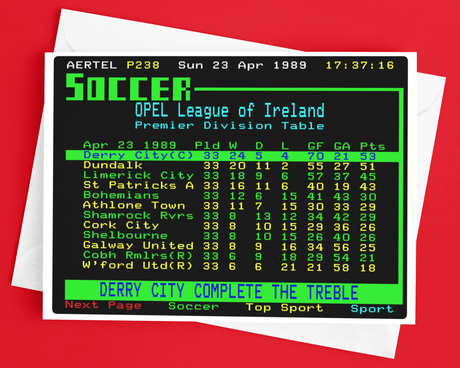 Derry City 1989 Treble Winners Teletext Greetings Card